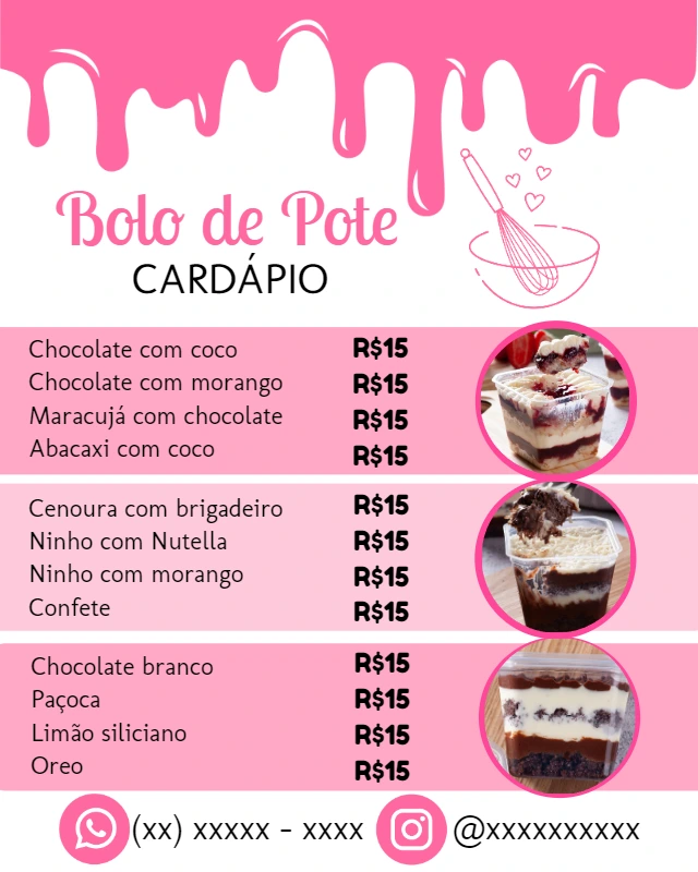 Cardápio de Bolo de Pote Rosa e Moderno para Editar