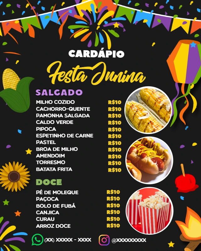 Cardápio de Festa Junina com Ilustrações Típicas para Editar