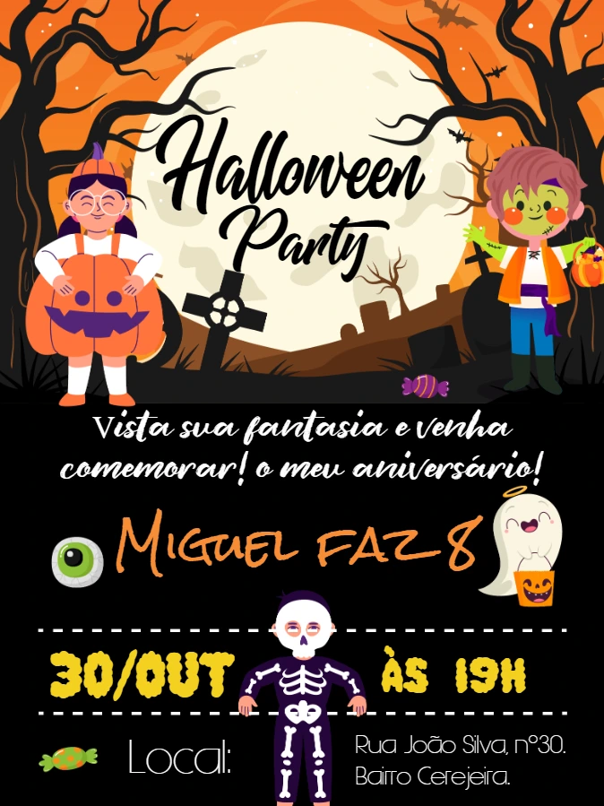Convite de Aniversário Halloween com Monstros Fofos para Editar