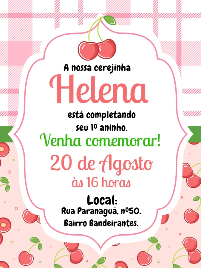 Convite de Aniversário Tema Cereja para Editar Online