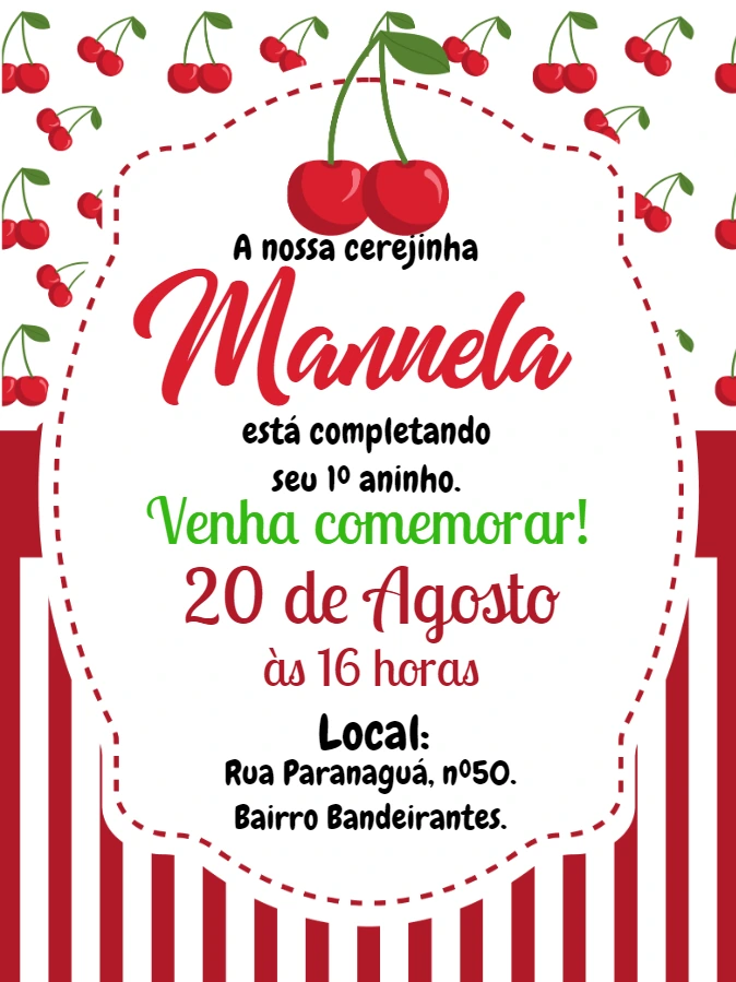 Convite de Aniversário Cereja para Editar Online e Imprimir
