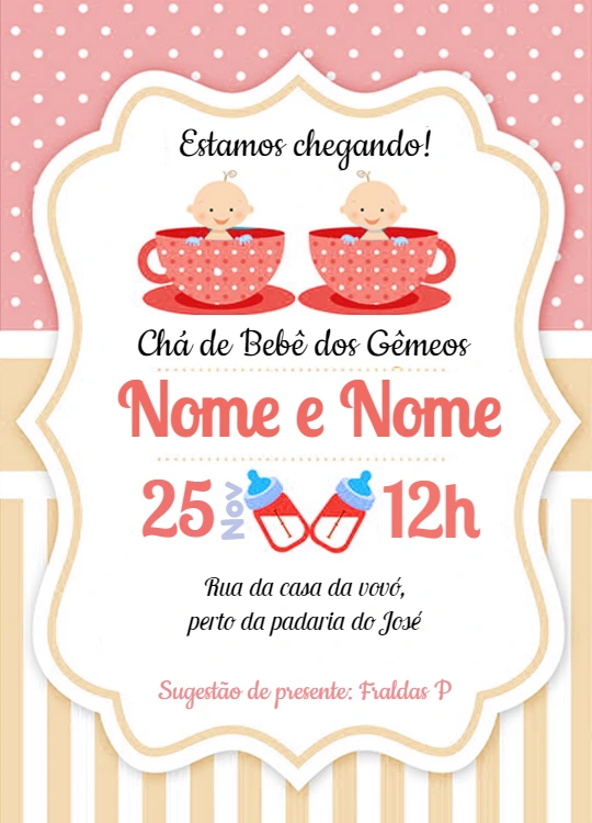 Convite Chá de Bebê Gêmeas Xícaras para Editar Online