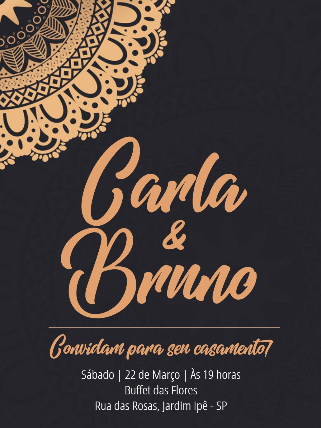 Convite de Casamento com Mandala Dourada para Editar Online