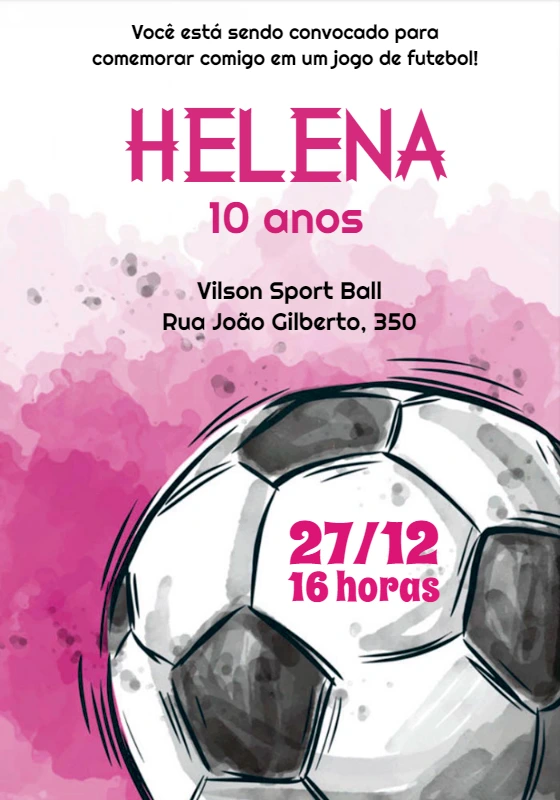 Convite Aniversário Futebol Rosa Aquarela para Editar Online