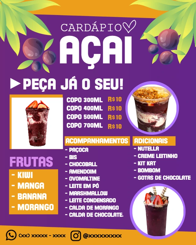Cardápio de Açaí com Fotos para Editar Online