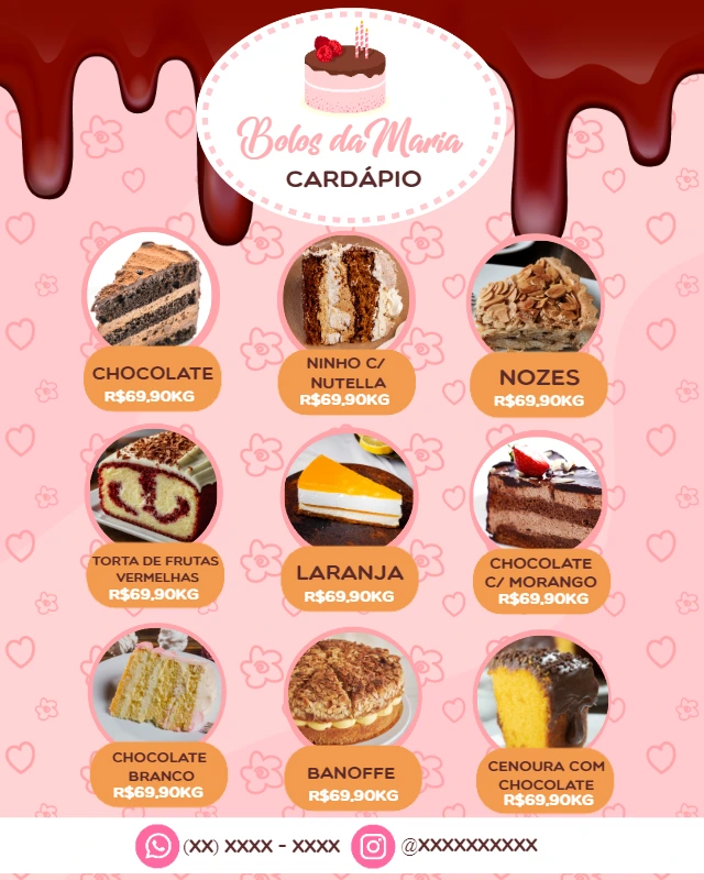 Cardápio de Bolos Delicado com Chocolate para Editar Online