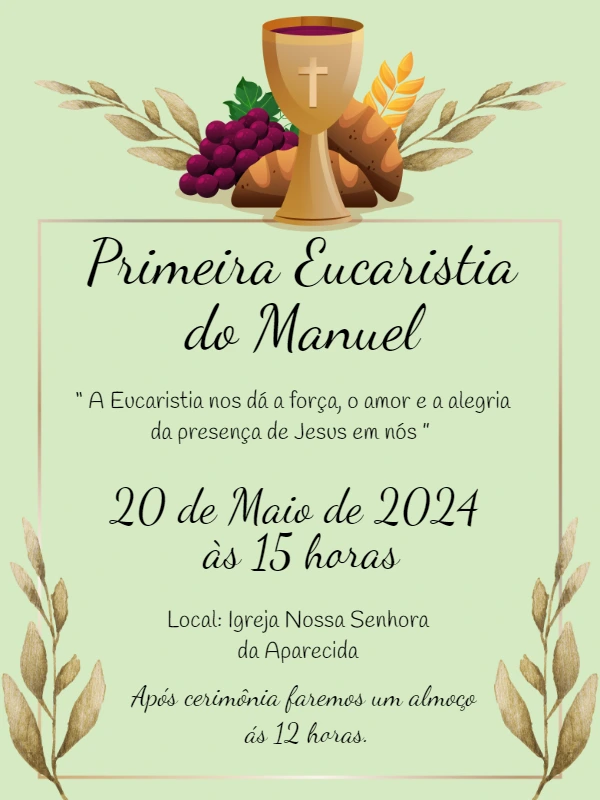 Convite Primeira Eucaristia com Cálice e Trigo para Editar Online
