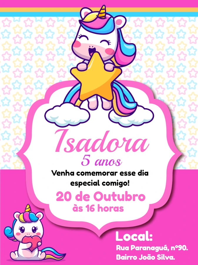 Convite de Aniversário Unicórnio Fofo para Editar Online