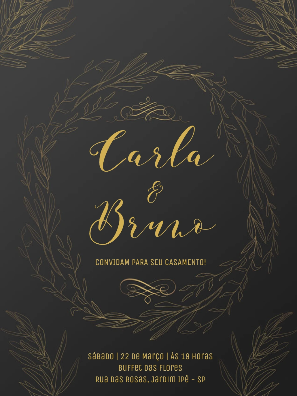 Convite de Casamento Ramos Dourados para Editar Online