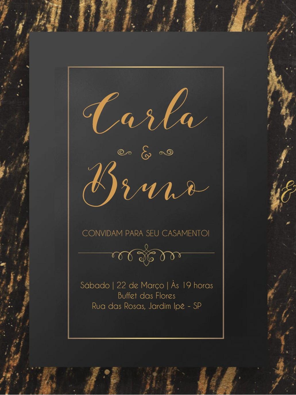 Convite de Casamento Elegante Preto e Dourado para Editar