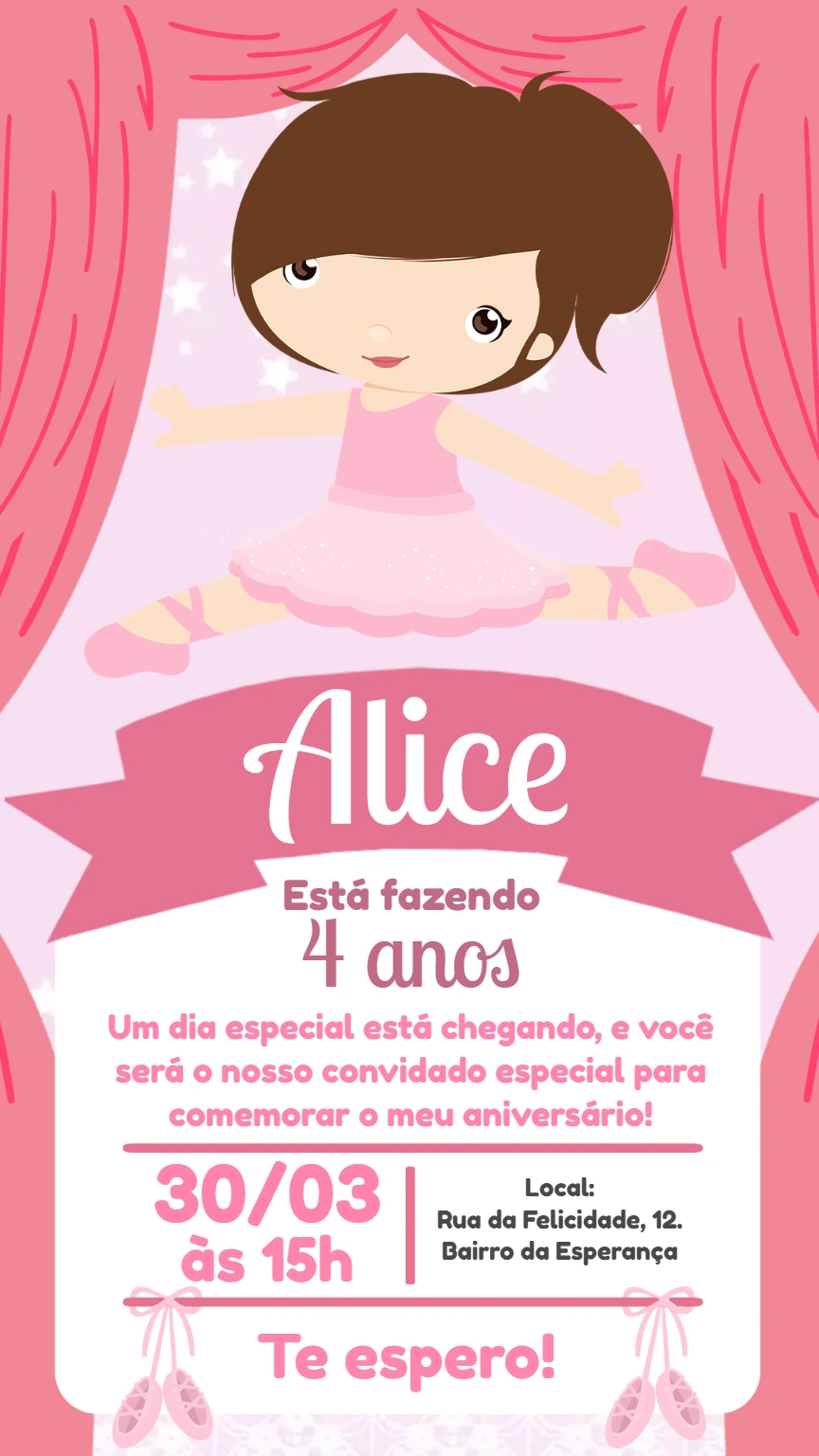 Convite de Aniversário Bailarina para Editar e Imprimir