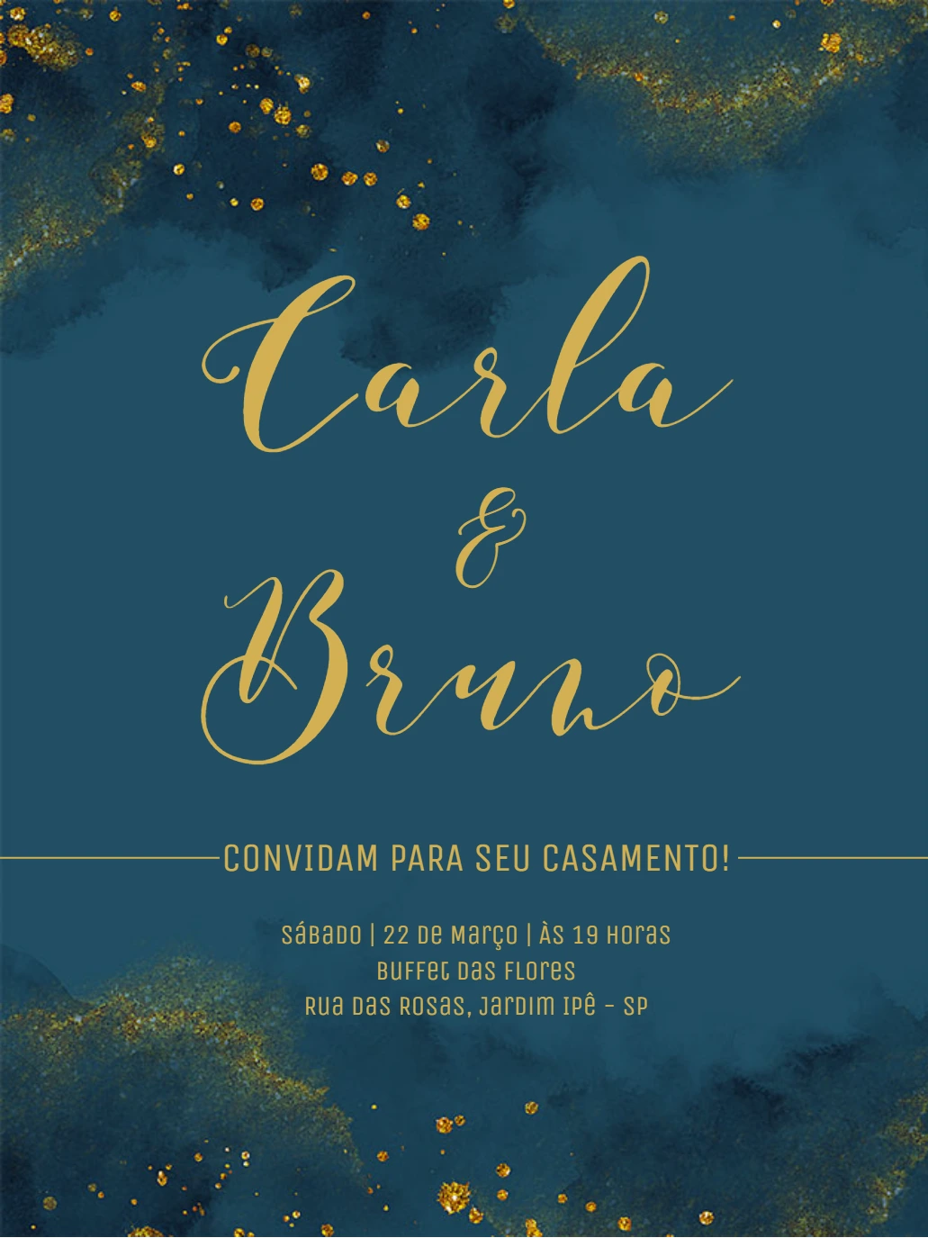 Convite de Casamento Aquarela Azul e Dourado para Editar
