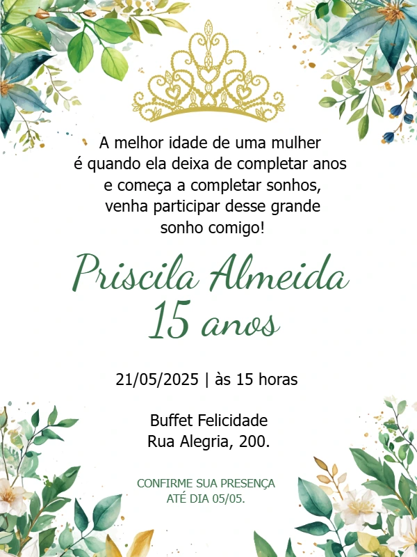 Convite de 15 anos Floral com Folhagens Verdes para Editar