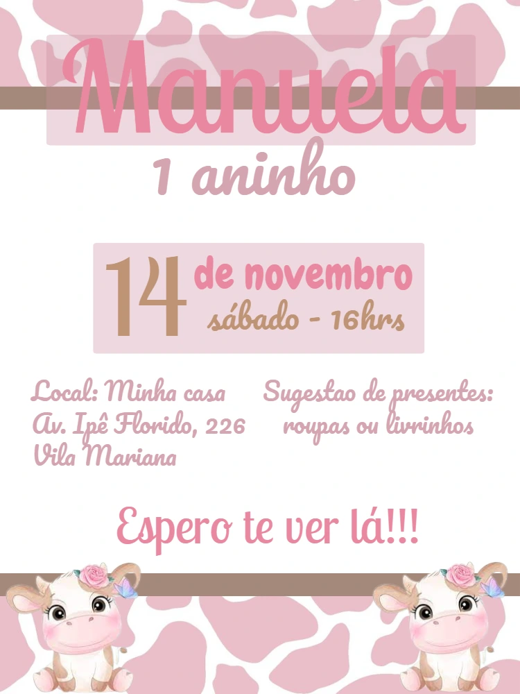 Convite de Aniversário Vaquinha Rosa para Editar Online