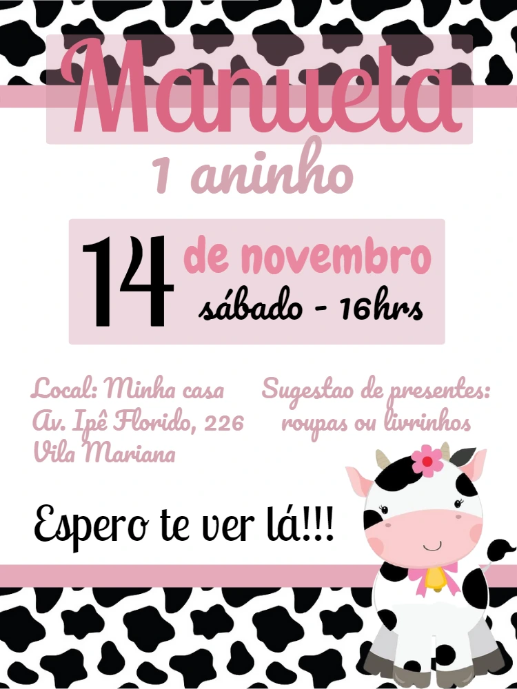Convite Aniversário Vaquinha Rosa para Editar Online