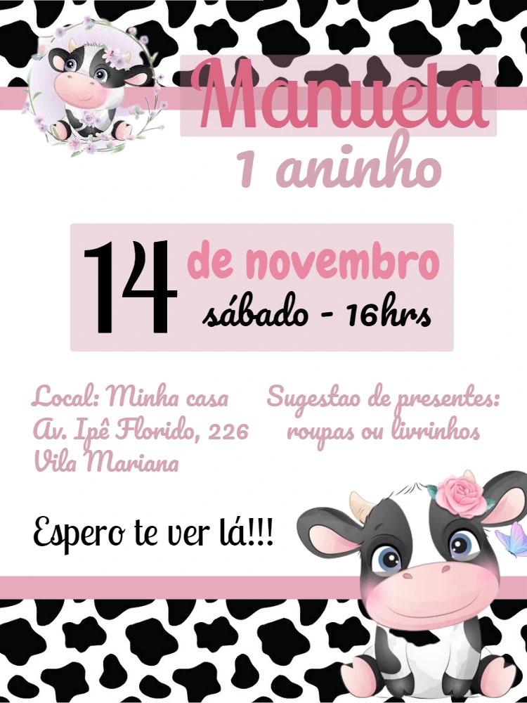 Convite de Aniversário Vaquinha Rosa para Editar Online