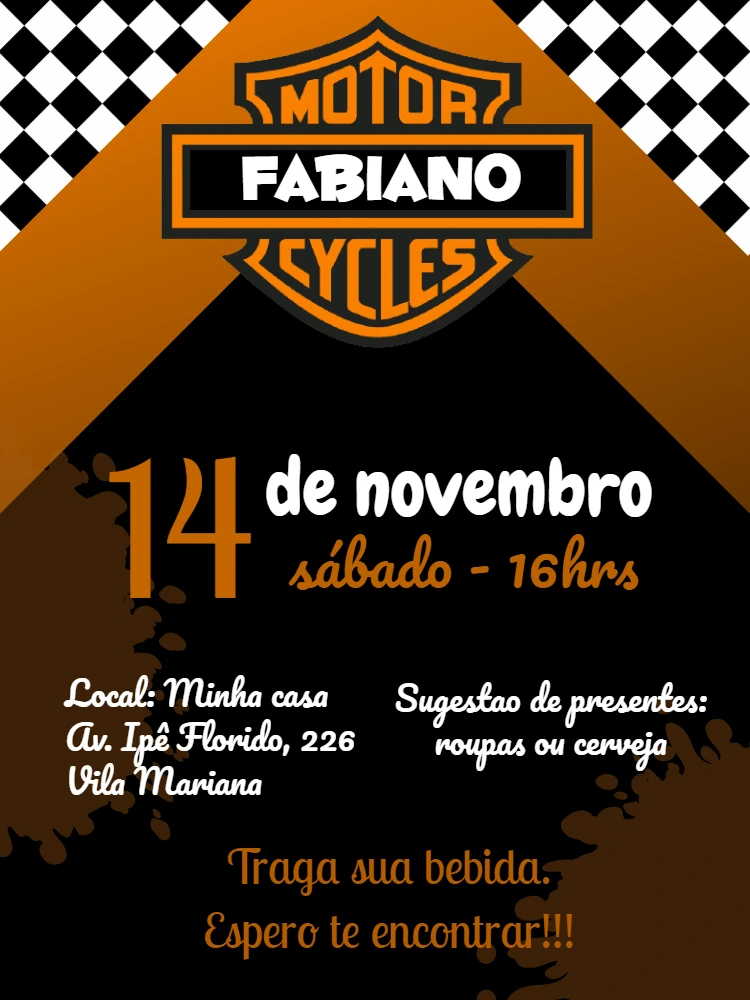 Convite de Aniversário Tema Moto Harley para Editar Online
