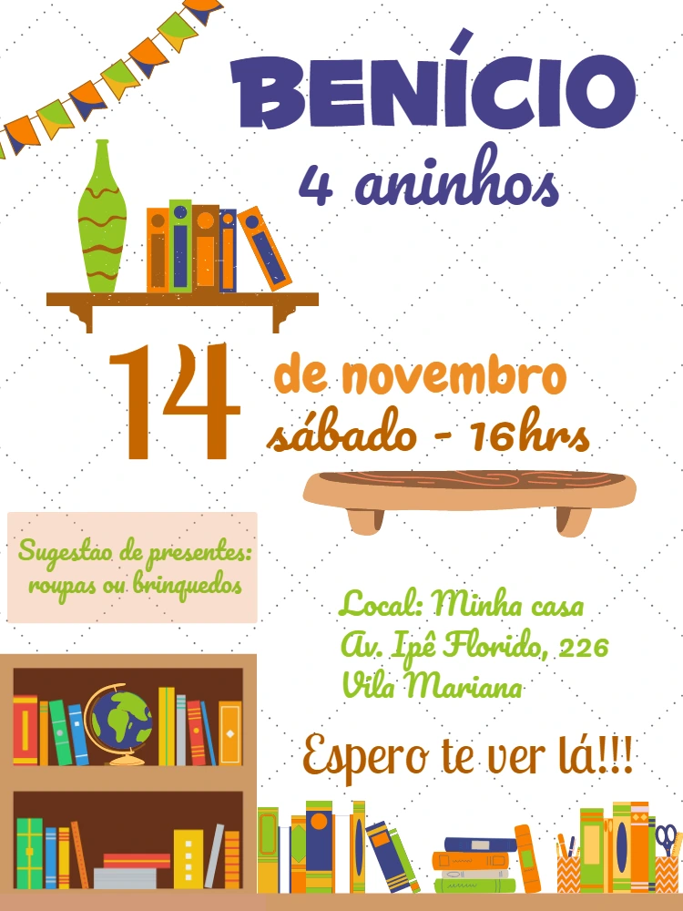 Convite de Aniversário Tema Biblioteca para Editar Online