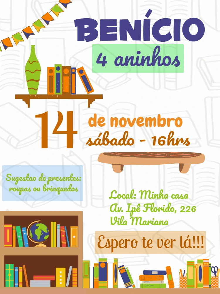 Convite de Aniversário Infantil Tema Biblioteca para Editar Online