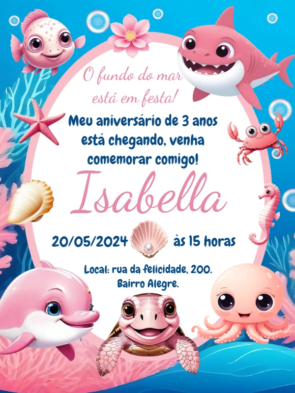 Convite Aniversário Fundo do Mar Rosa para Editar Online