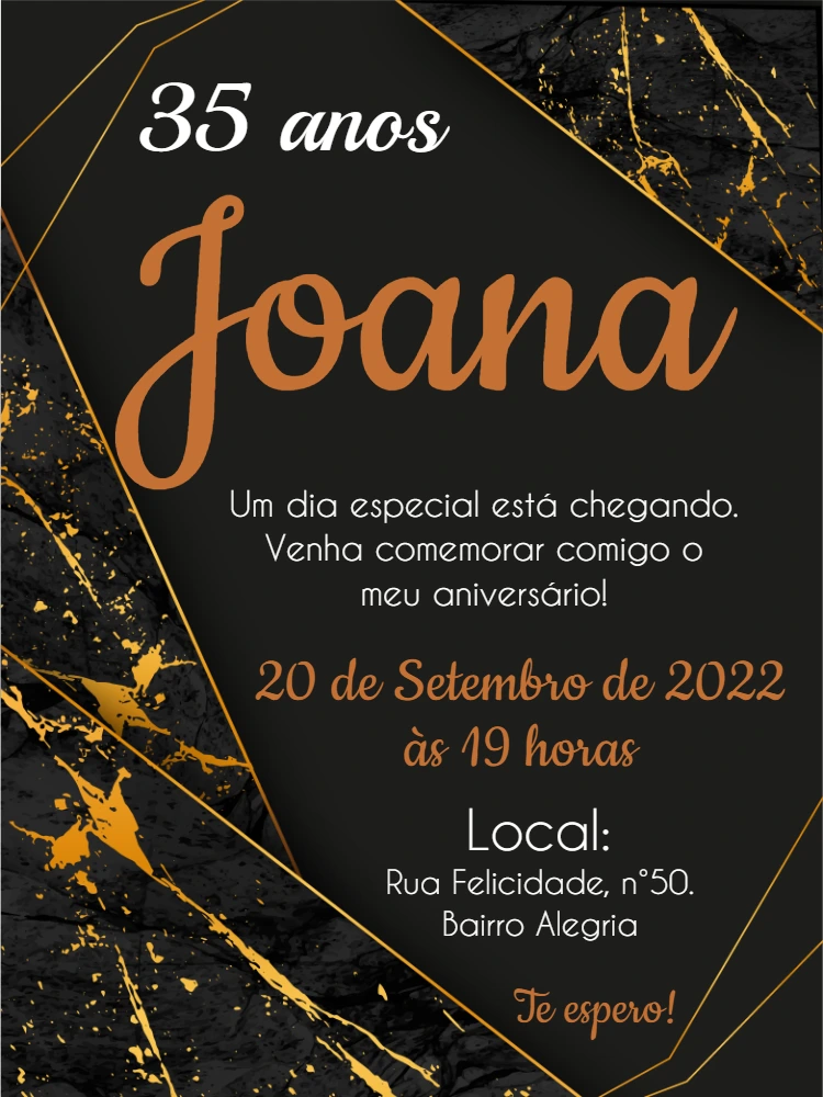 Convite Aniversário Adulto Minimalista Preto e Dourado para Editar