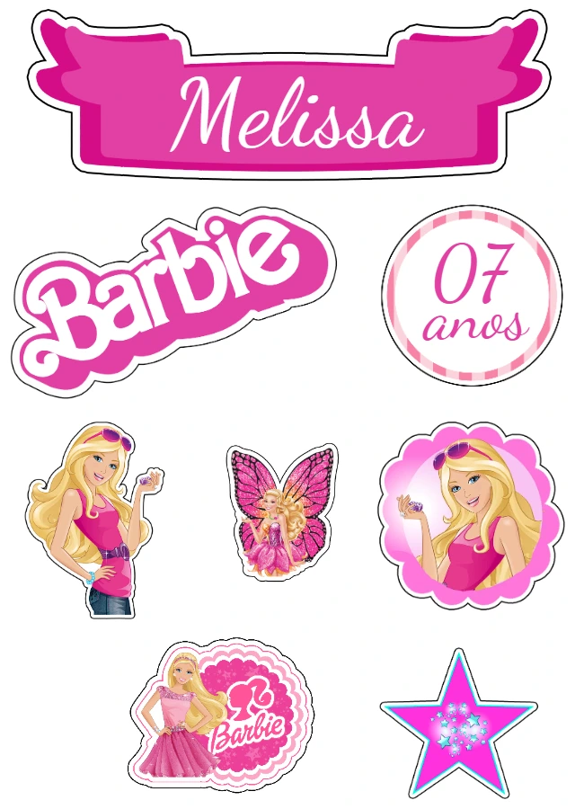 Topo de Bolo Aniversário Barbie para Editar e Imprimir
