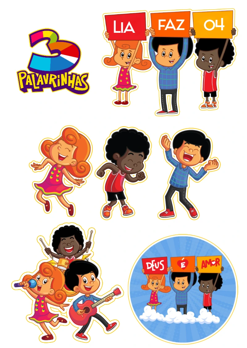 Topo de Bolo 3 Palavrinhas com Personagens para Editar