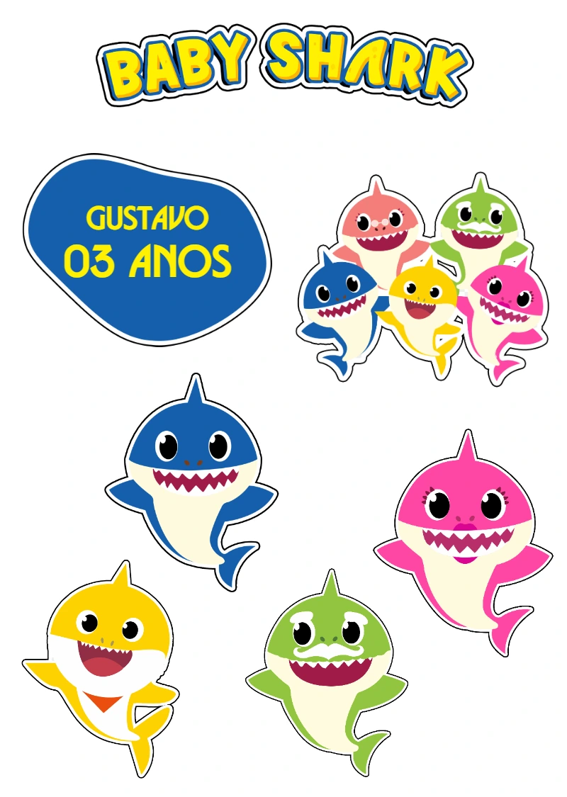 Topo de Bolo Baby Shark com Personagens para Editar Online