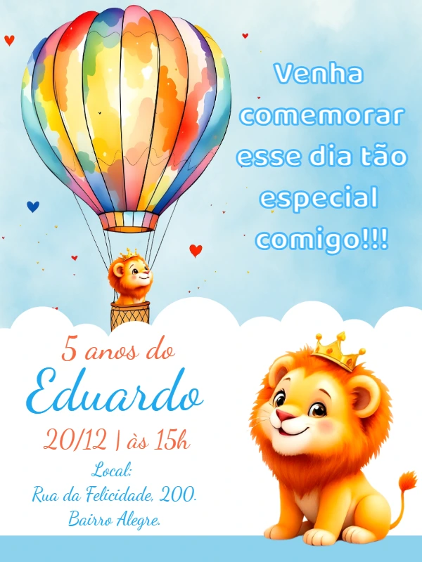 Convite Aniversário Leãozinho com Balão para Editar Online