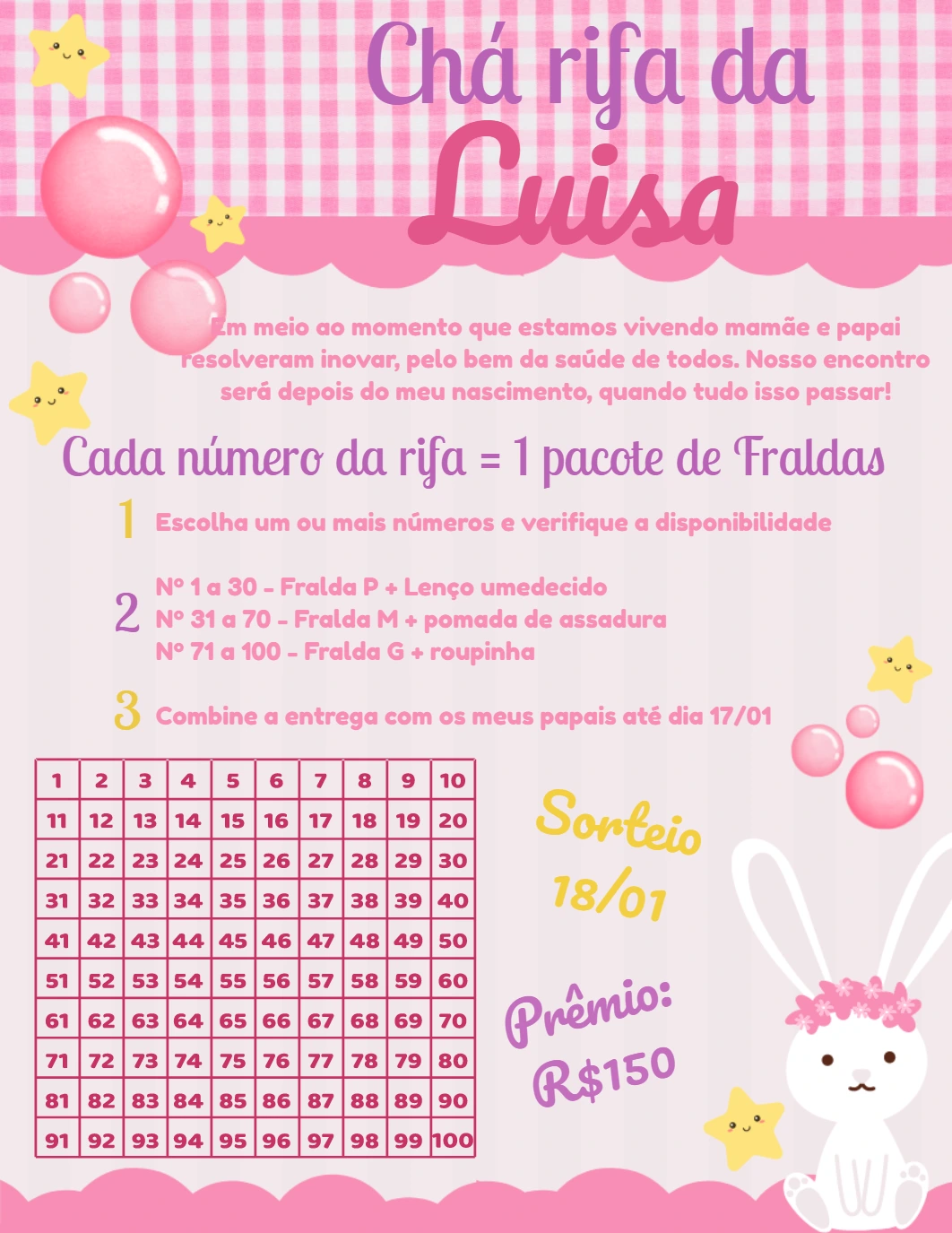 Convite Chá Rifa Coelhinha Rosa para Editar Online