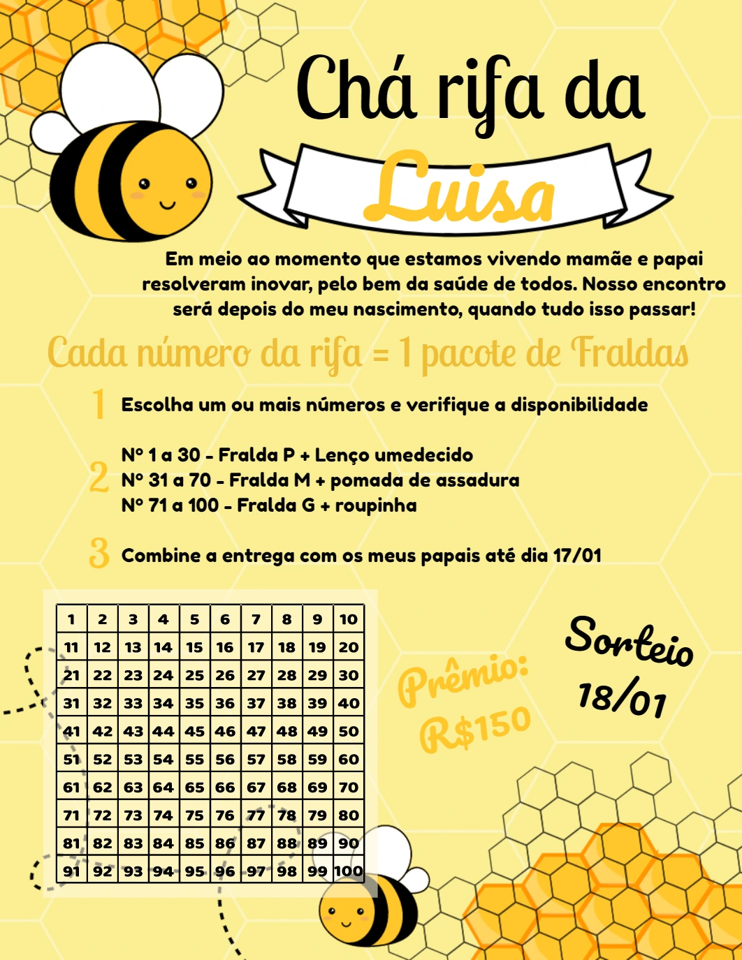 Convite Chá Rifa Abelhinha com Números para Editar Online