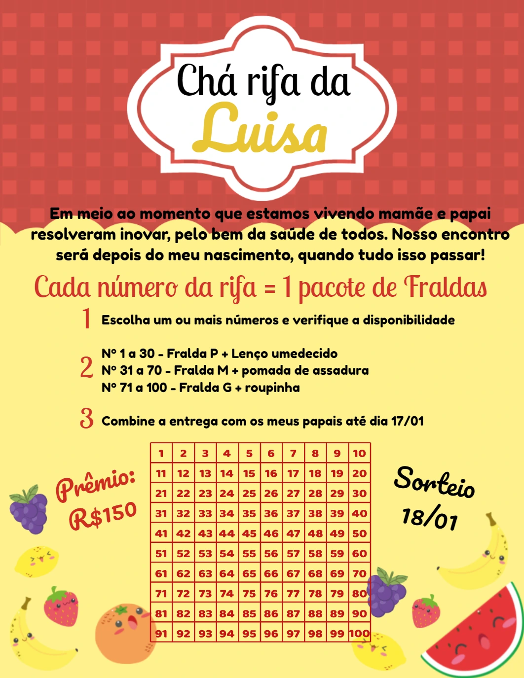 Convite Chá Rifa Piquenique com Frutas para Editar Online