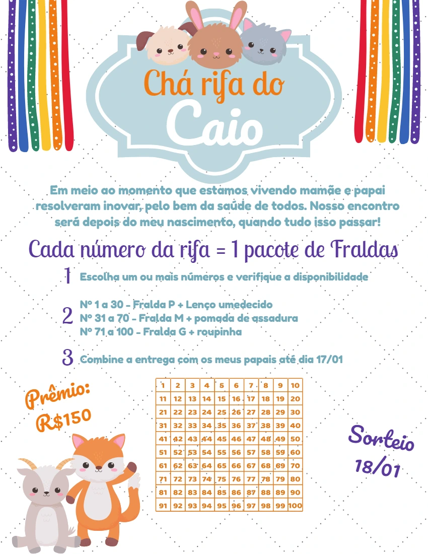 Convite Chá Rifa de Animais Fofos para Editar Online