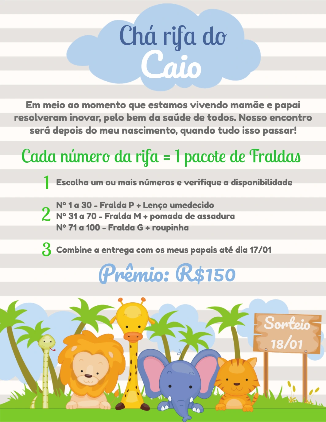 Convite Chá Rifa Safari com Animais para Editar Online