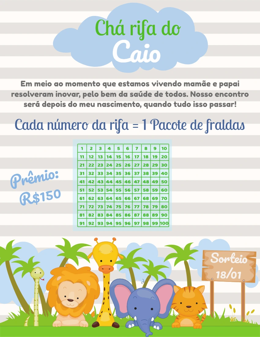 Convite Chá Rifa Safari com Animais para Editar Online