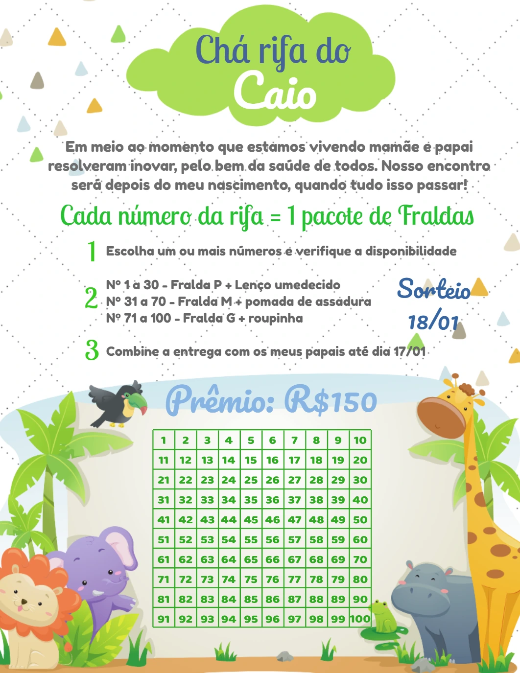 Convite Chá Rifa Safari com Animais para Editar Online
