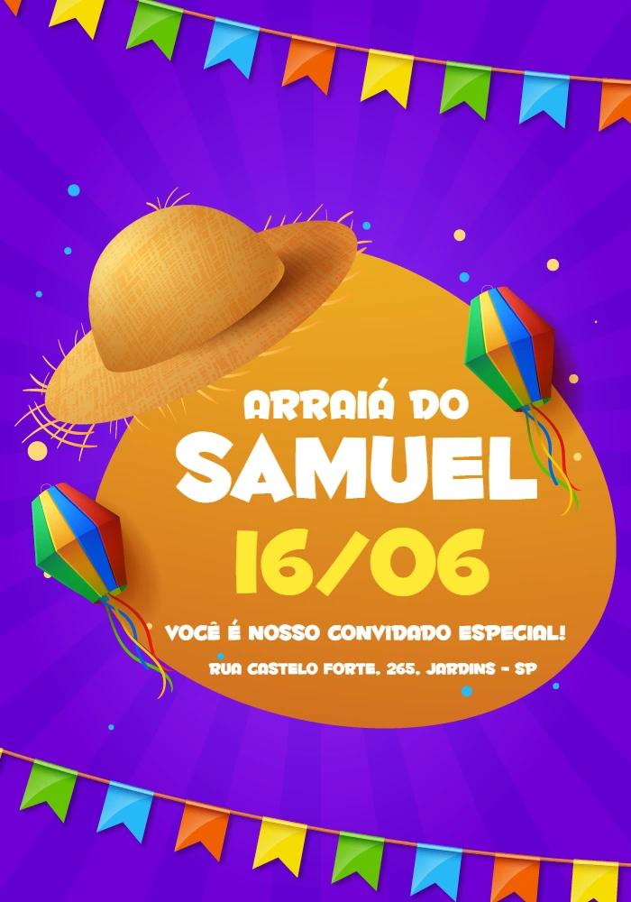 Convite Aniversário Festa Junina com Chapéu de Palha para Editar