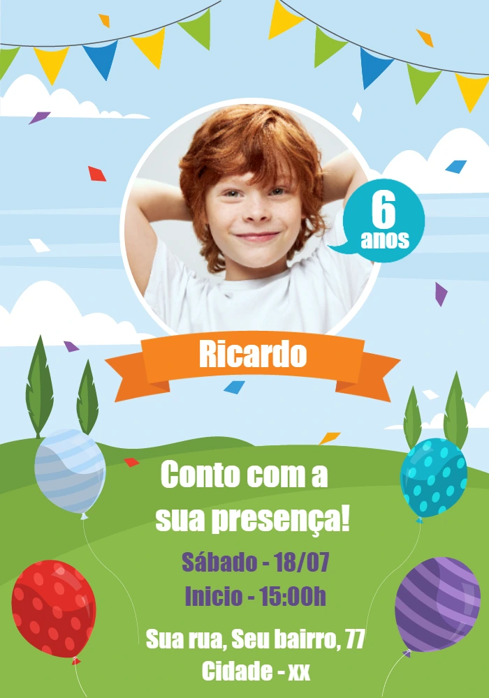 Convite de Aniversário Balões com Foto para Editar Online