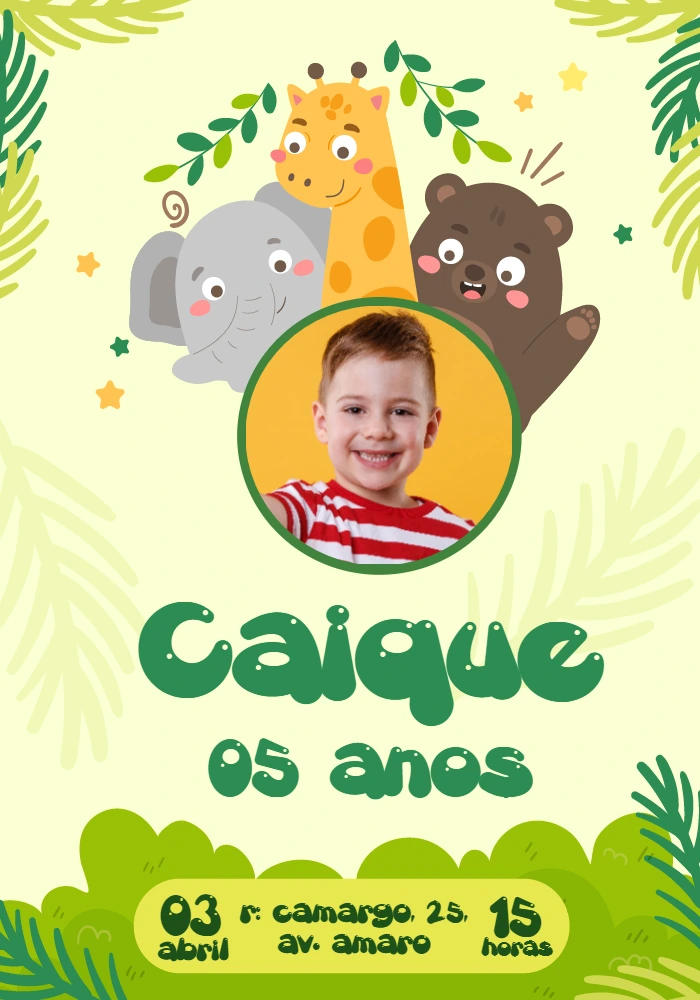 Convite Aniversário Animais da Selva com Foto para Editar Online