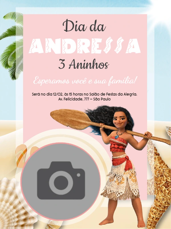 Convite Aniversário Moana com Foto para Editar Online