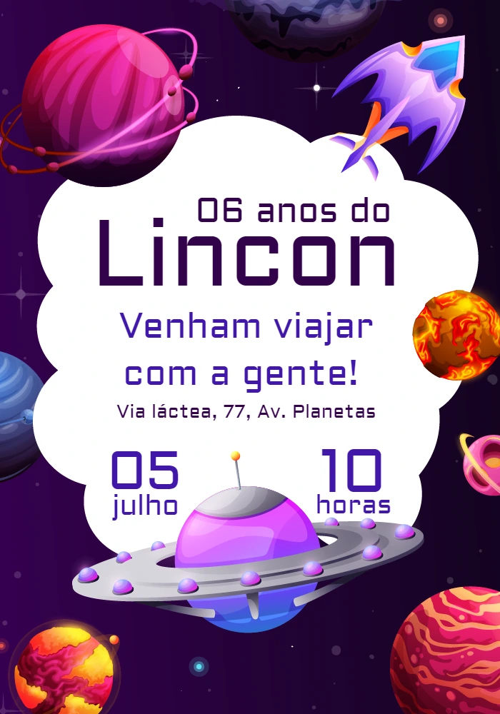 Convite de Aniversário Espaço Sideral para Editar Online