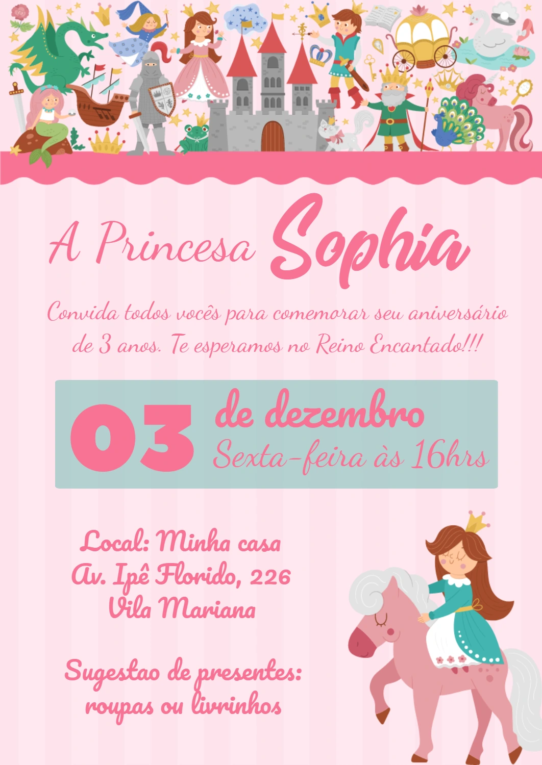 Convite de Aniversário Princesa e Castelo para Editar Online
