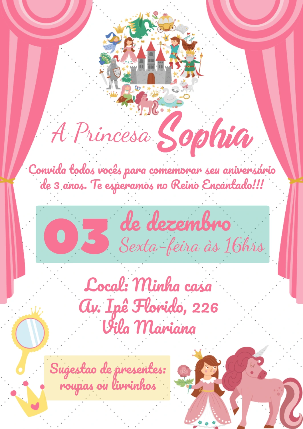 Convite Aniversário Princesa e Unicórnio para Editar Online