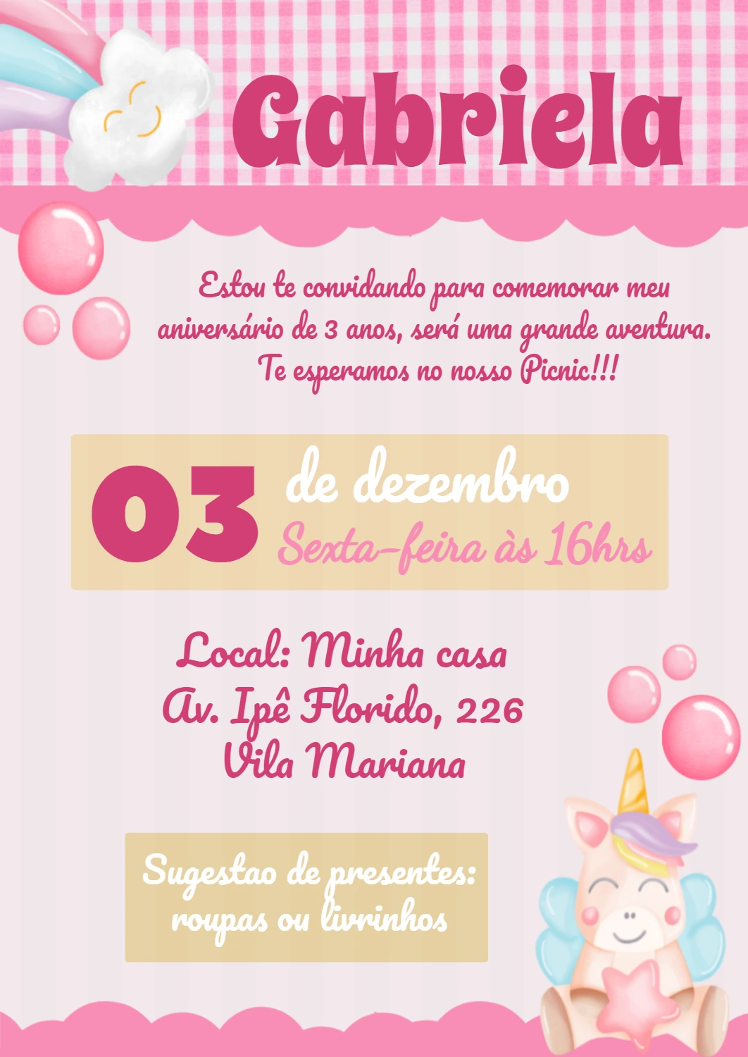 Convite Aniversário Unicórnio Fofo para Editar Online