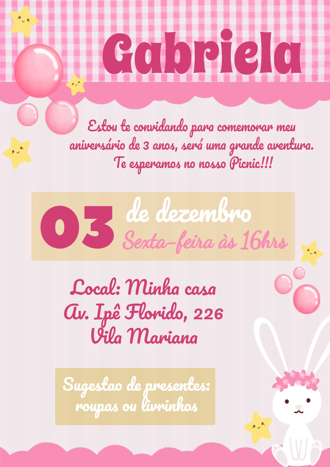 Convite Aniversário Picnic Coelhinha Rosa para Editar Online