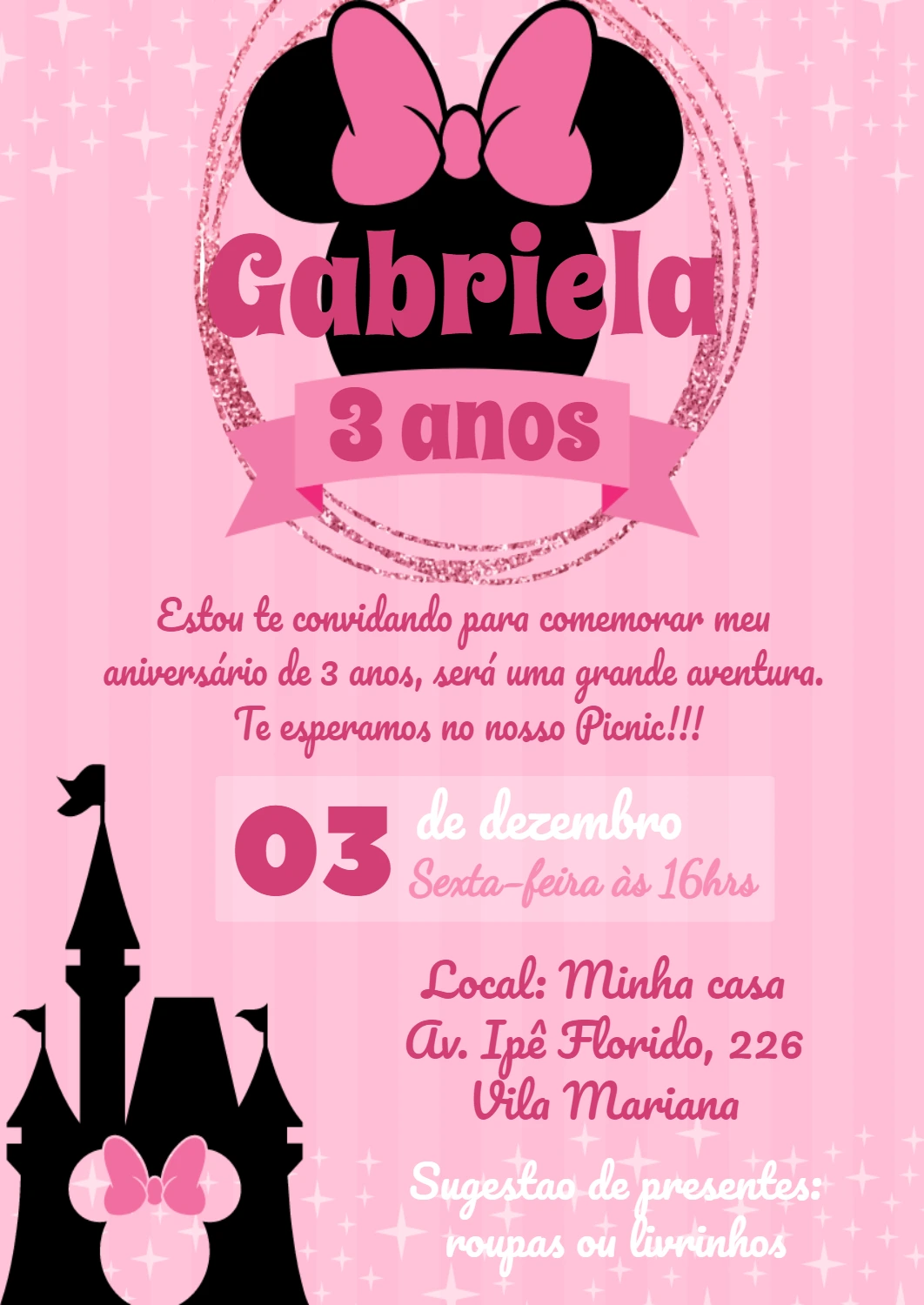 Convite Aniversário Minnie Rosa para Editar Online