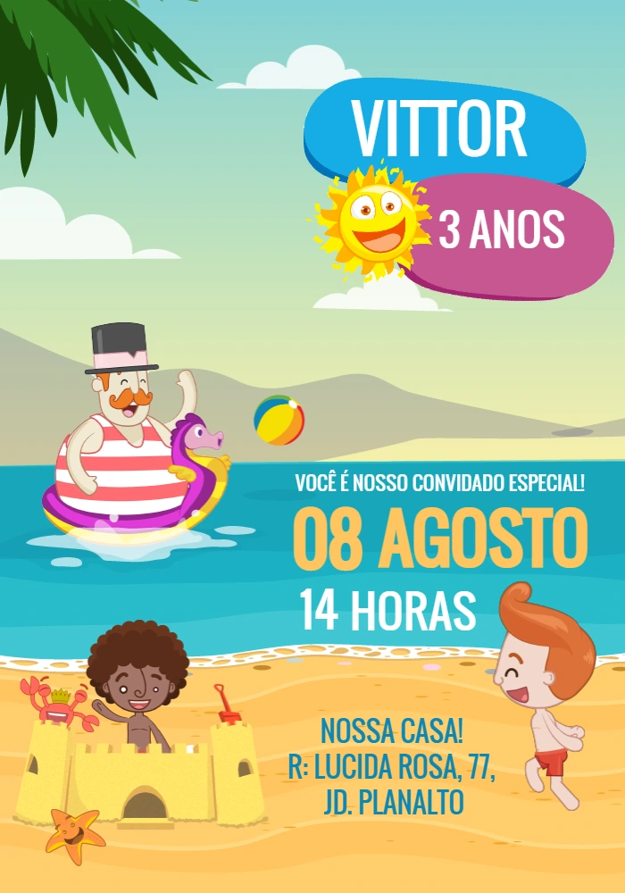 Convite de Aniversário Mundo Bita Praia para Editar Online