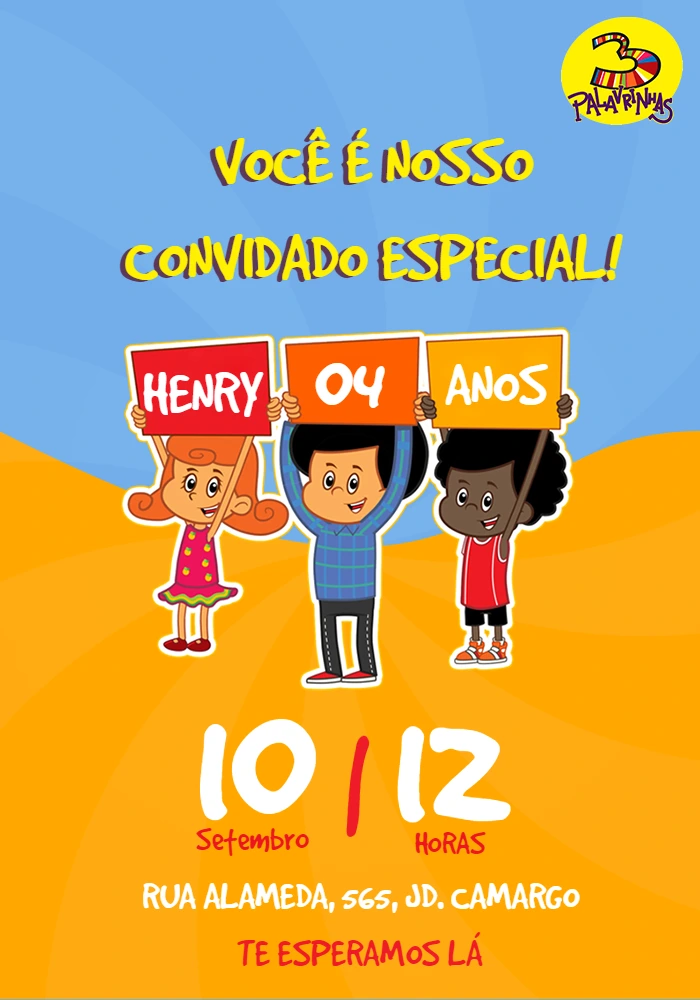 Convite Aniversário 3 Palavrinhas com Personagens para Editar