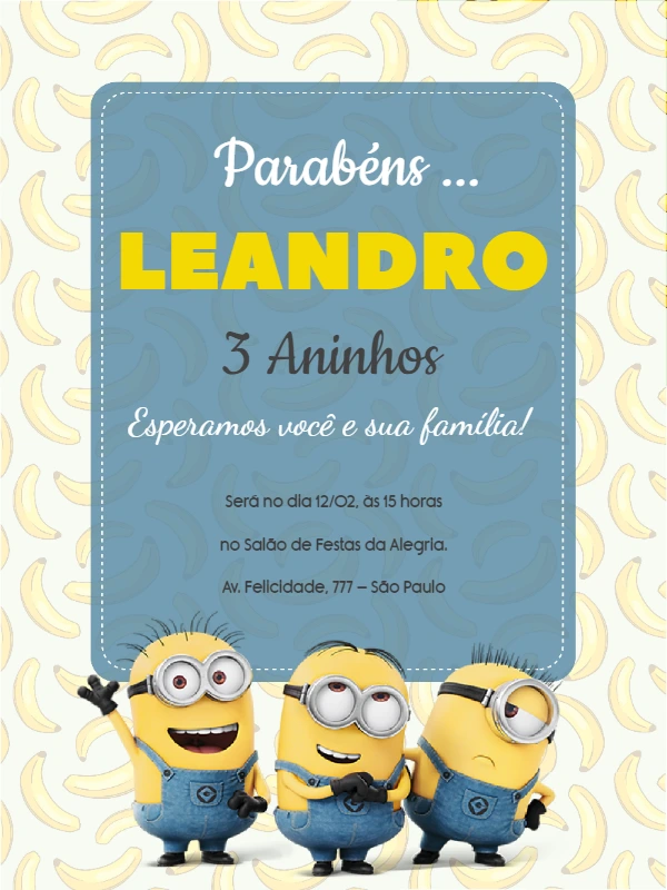 Convite de Aniversário Minions Divertido para Editar Online