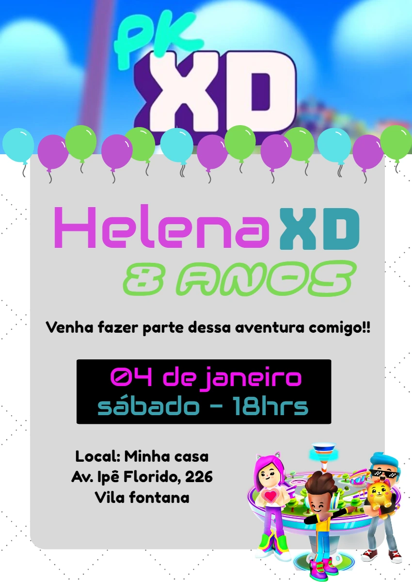 Convite de Aniversário PK XD Editável para Festa Infantil